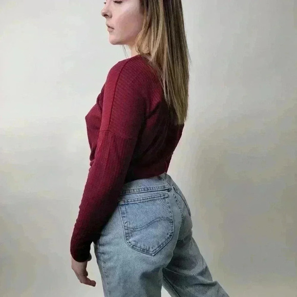 Maroon Burgundy Waffle Knit Crop Top Long Sleeve - XS - Picture 4 of 7